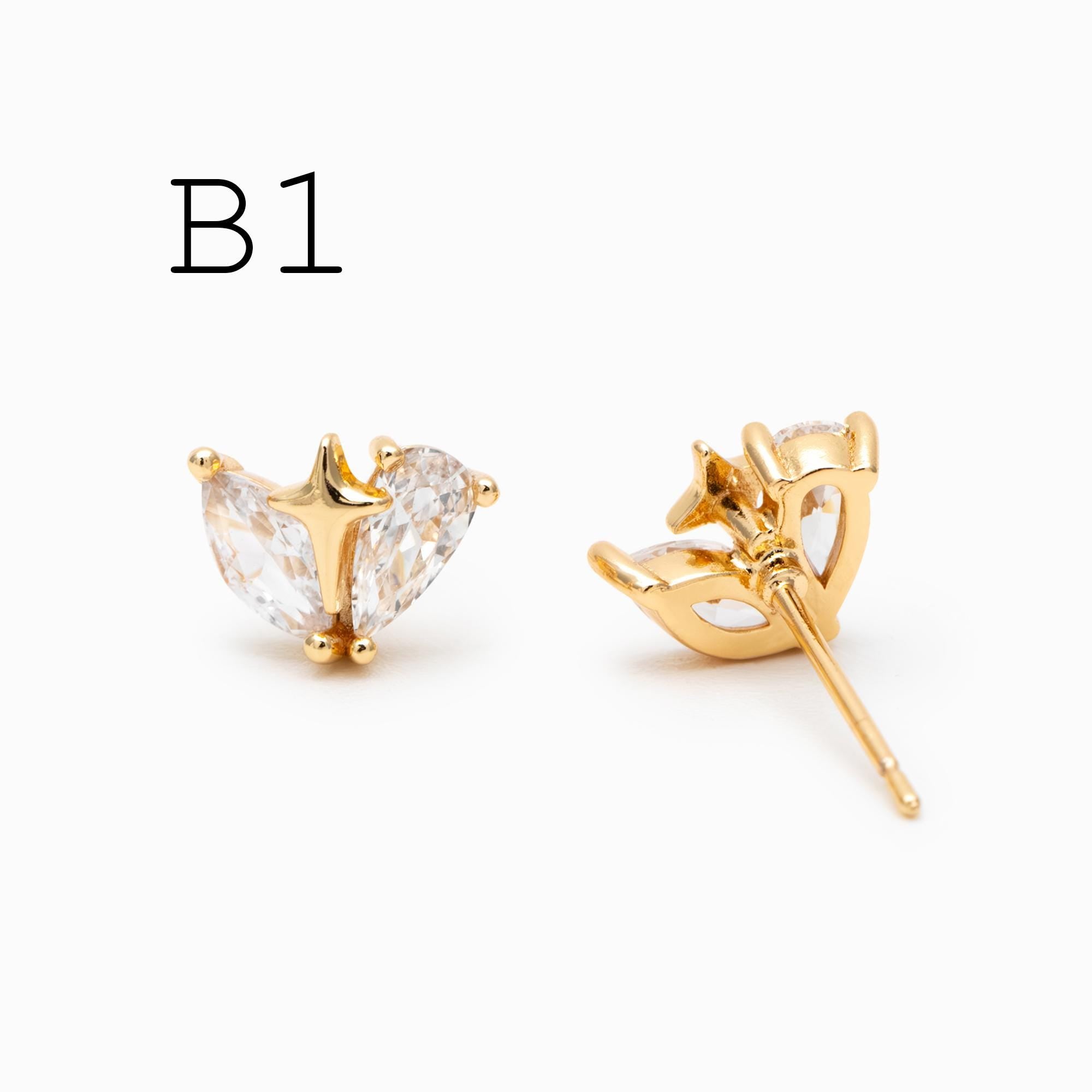 4pcs CZ Pave Heart Star Ear Posts, Gold/ Rhodium Plated Brass Stud Earrings, Jewelry Findings, Jewelry Making (GB-3571)